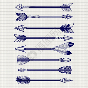 一个人夜晚笔记本页面上的手画羽箭草图矢量插插画