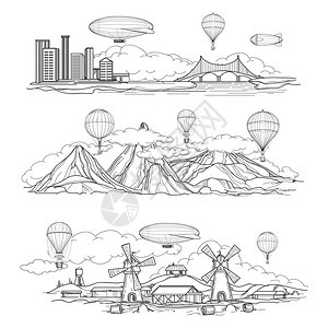 黑白热气球旅行的风景矢量插图图片