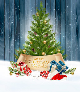 假日背景圣诞树和塔帽礼物图片