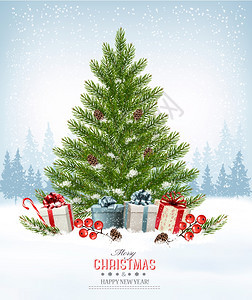 假日背景有圣诞树和礼物矢量图片