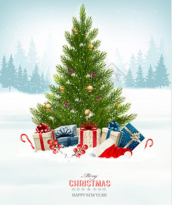 带圣诞树和礼物的假日背景矢量图片