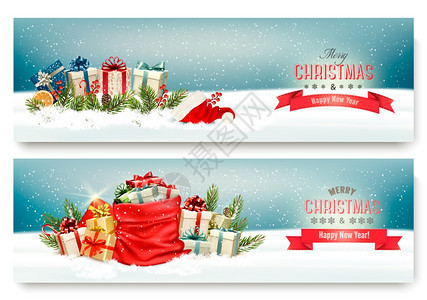 两条圣诞横幅上面有礼物和红袋矢量图片