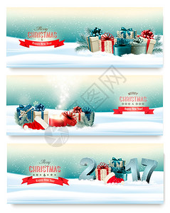 彩盒设计三个圣诞横幅配有礼物和魔盒矢量插画