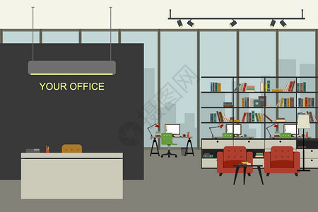 开放空间办公室插图以平板风格包括工作场所书架和休息区图片
