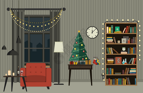 圣诞树客厅有家具平整有圣诞树礼品和花环在客厅的矢量室内图片