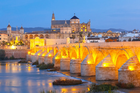 MezquitaCordobaCatetraldeCordoba大清真寺有镜子反射和罗马桥在清晨蓝色时间横跨Guadalquiv图片