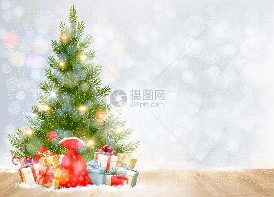 带圣诞树和礼物的假日背景图片