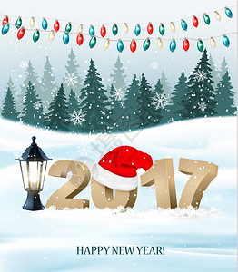 gif树素材新年背景有2017年和圣塔帽插画
