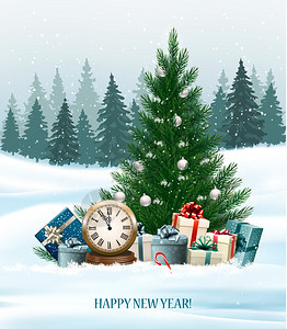 假日背景圣诞树礼物和钟表矢量图片