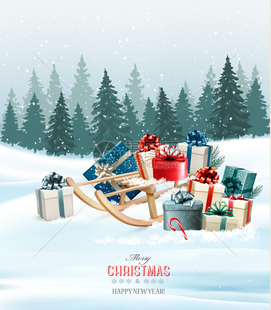 圣诞节贺卡带彩色礼品盒和回旋雪橇矢量图片