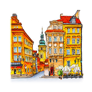 画彩城堡广场皮乌纳街和今天上午在波兰华沙旧城圣马丁教堂的贝尔塔图片