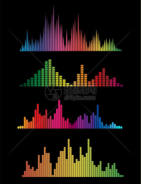 彩色音乐数字声波彩色音乐数字声波在黑色背景中分离矢量插图图片