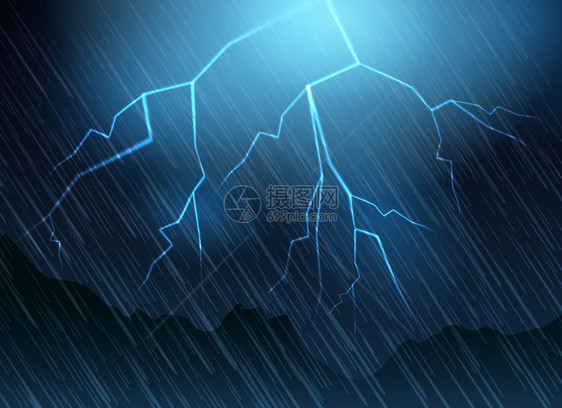闪电和雨蓝背景闪电和雨蓝色背景自然雷电闪光矢量插图图片