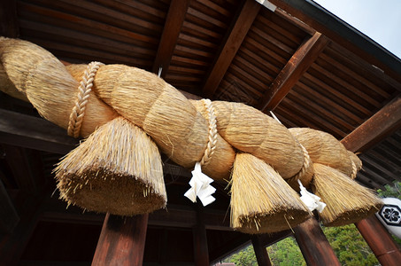 日本岛川县Izumotaisha祈祷堂前的圣草绳图片