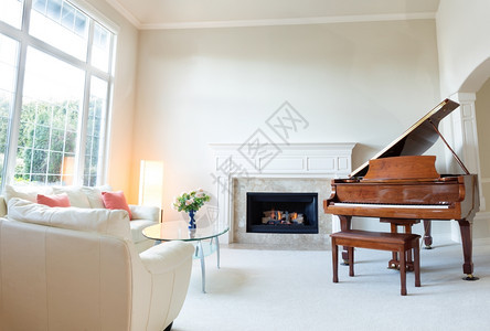 明亮的天光芒带着燃烧的壁炉大钢琴和白皮沙发来到客厅图片