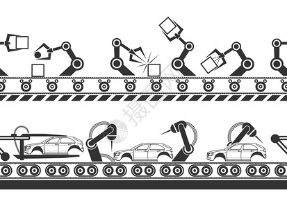 工作设计制造生产线传送带并配有机器人双手矢量图解插画