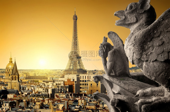 Eiffel铁塔和法国巴黎圣母院的Chimeras图片