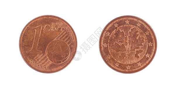 一欧元分钱硬币白纸上孤立图片