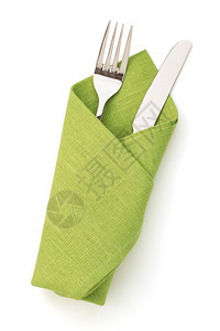 在白色背景上隔离的餐巾叉和刀图片