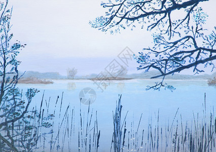 原始油画显示美丽的湖荷兰蓝色图片