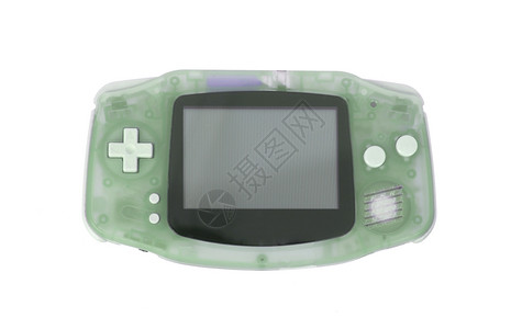 旧的肮脏便携式游戏控制台带一个小屏幕以白色绿隔离图片