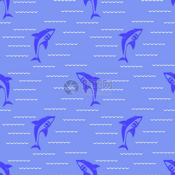 蓝色背景上的矢量鲨鱼图样图片