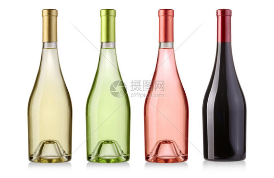 白色和红葡萄酒瓶套装在白色上图片