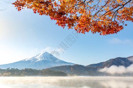 秋天在川口子富士山或日本藤川口子下雪的湖图片