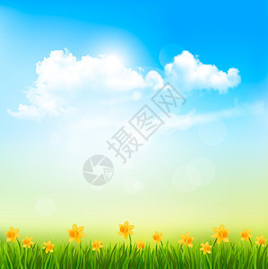 春色自然背景绿草蓝天空云彩矢量图片