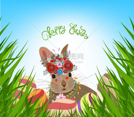复活节草地上的兔子和彩蛋图片