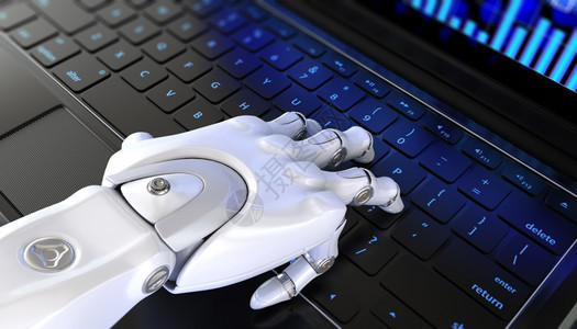键盘上的机器人手型3D插图图片