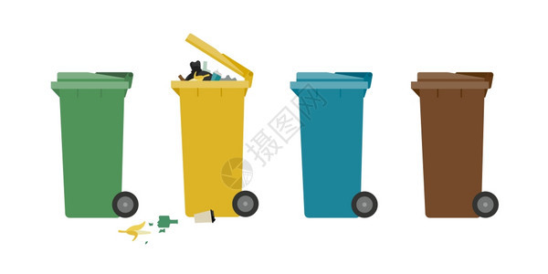 垃圾桶多色罐子分开废物平面插图图片