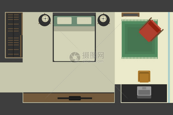 卧室用平板风格顶层视图卧室用平板风格顶层视图卧室用矢量说明工作场所的卧室图片