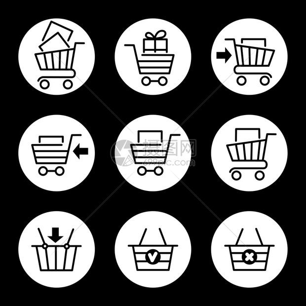 在圆圈中购物车的图标在白圈中孤立的购物车或存储电线图标矢量插图片