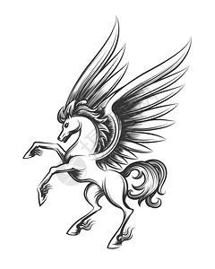 翼形马雕刻插图翼形马雕刻矢量插图手画皮加苏斯或飞行马吉祥物草图以白色背景隔离用于纹身图片