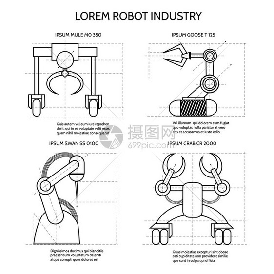 黑色工业机器人武装械黑色工业机器人武装械在白色背景中被孤立矢量插图图片
