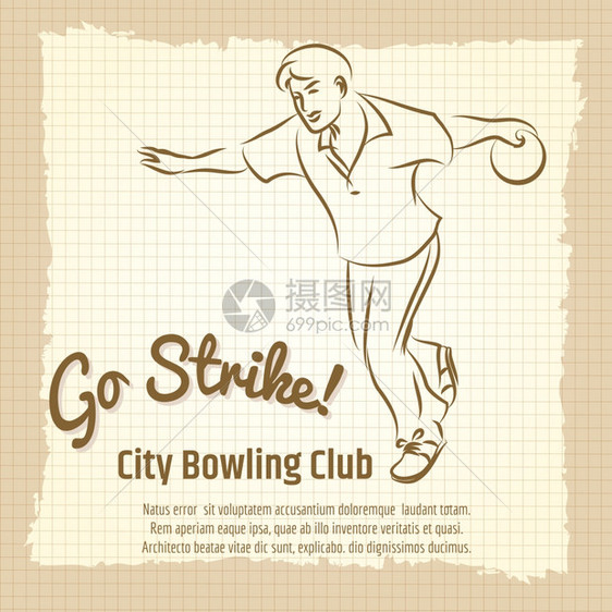 保龄球俱乐部的旧海报保龄俱乐部的旧海报设计配有男子保龄球和字母标志矢量插图图片