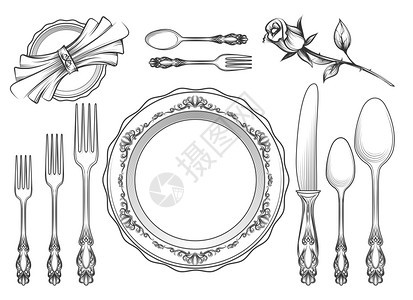 贵重食品服务设备草图吉卜赛手绘制的餐饮用具白底孤立的餐厅用具矢量插图图片
