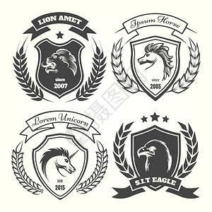 中世纪护身衣臂服用花圈盾牌和恒星搭配外套用独角兽和马狮子鹰矢量插图图片
