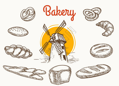 风车矢量传统面包产品古老草图面包产品病媒草图小麦黑面包和谷物磨粉手绘画白色背景的孤立插图背景
