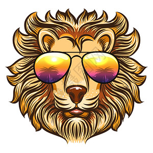 彩虹眼镜中的狮子漫画风格的彩虹眼镜中狮子用棕榈设计白色背景的矢量图画手太阳眼镜中的利奥图片