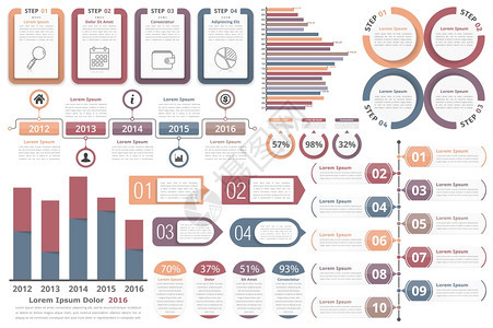 图表元素带有数字和文条形图圆时间表百分数和文字进程图矢量eps10插图的物体图片