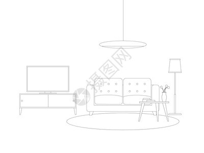 带家具的客厅内侧线带沙发电视和照明的矢量薄图示图片