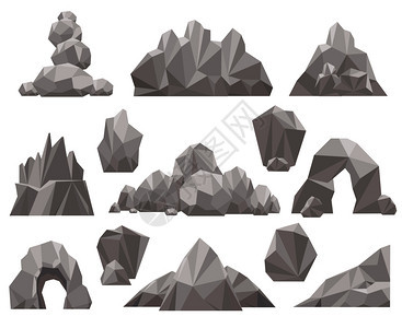 卡通3d岩石和头组卡通岩石和头组矢量图山地岩石和白背景孤立的石头堆图片