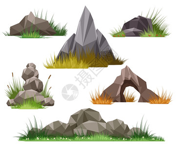 矢量草岩石和头白色背景上孤立的岩石和头绿草矢量图中的石和块背景