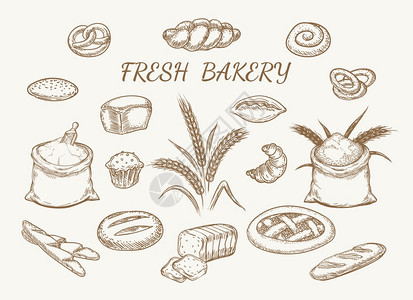 新鲜面包制品手画元素食品和制组合餐厅烘烤菜单草图图片