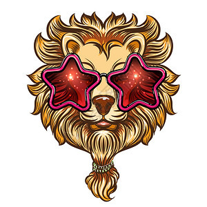在太阳镜中留胡子的时髦狮在星中留胡的时髦狮在太阳镜中留胡子在T恤矢量图上打印图片