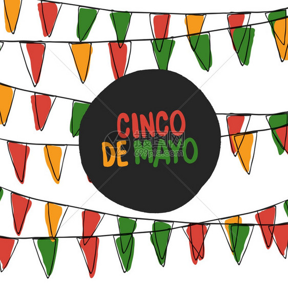 CincodeMayoPostcard假日PennantBunting手工绘制的矢量图图片