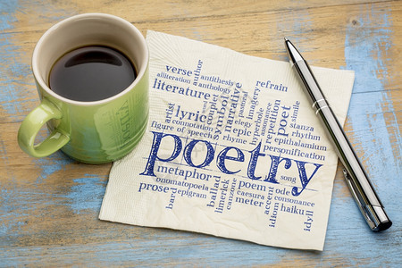 诗歌词云纸巾上写笔迹加一杯咖啡图片