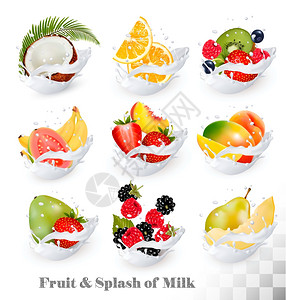 牛奶喷洒中的水果大收藏图标瓜瓦椰子芒果桃草莓樱蓝香蕉瓜子橙草莓图片